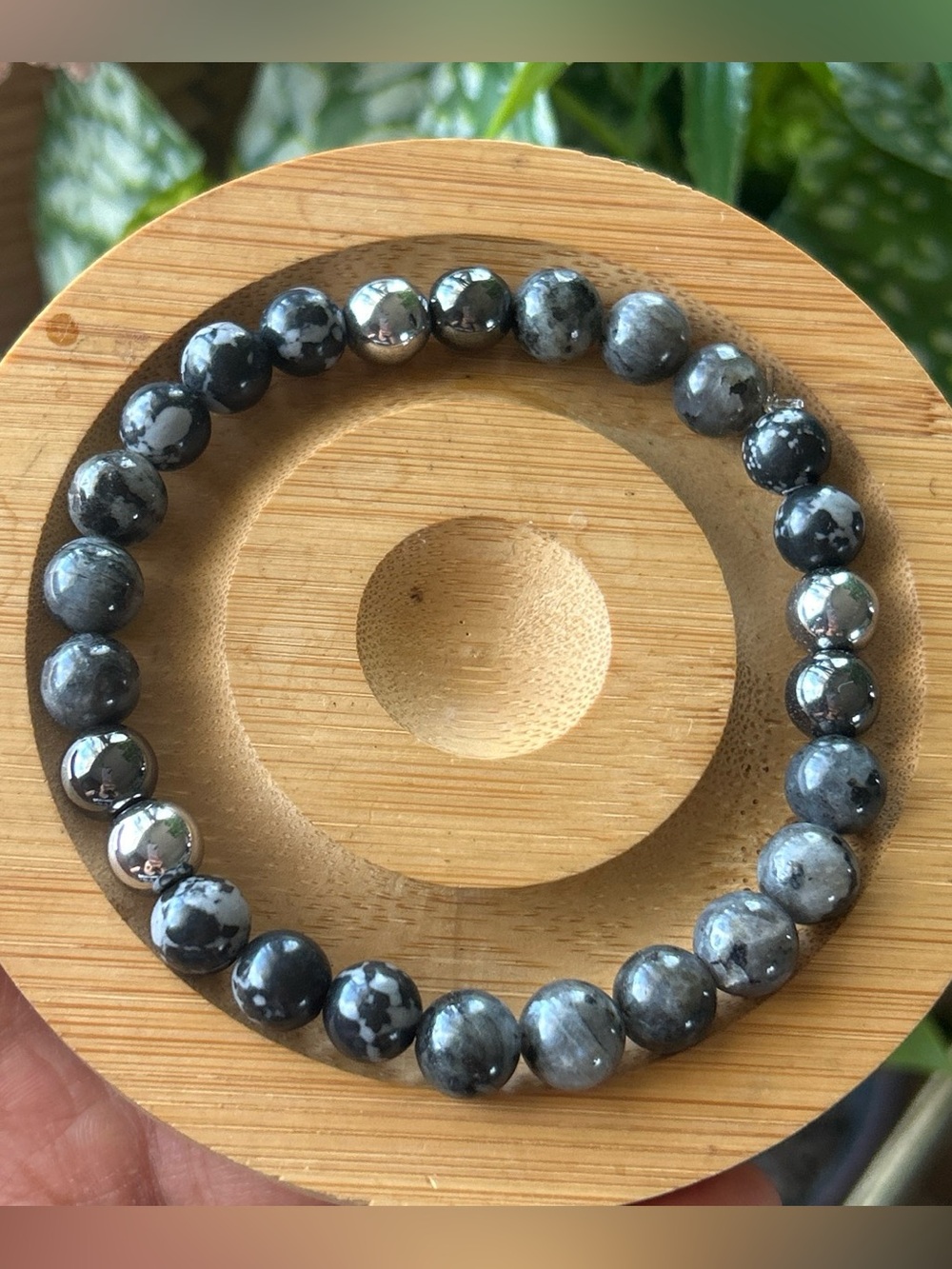 Men’s Snowflake Obsidian Larvikite and Hematite Bead Stretch Bracelet - Gray